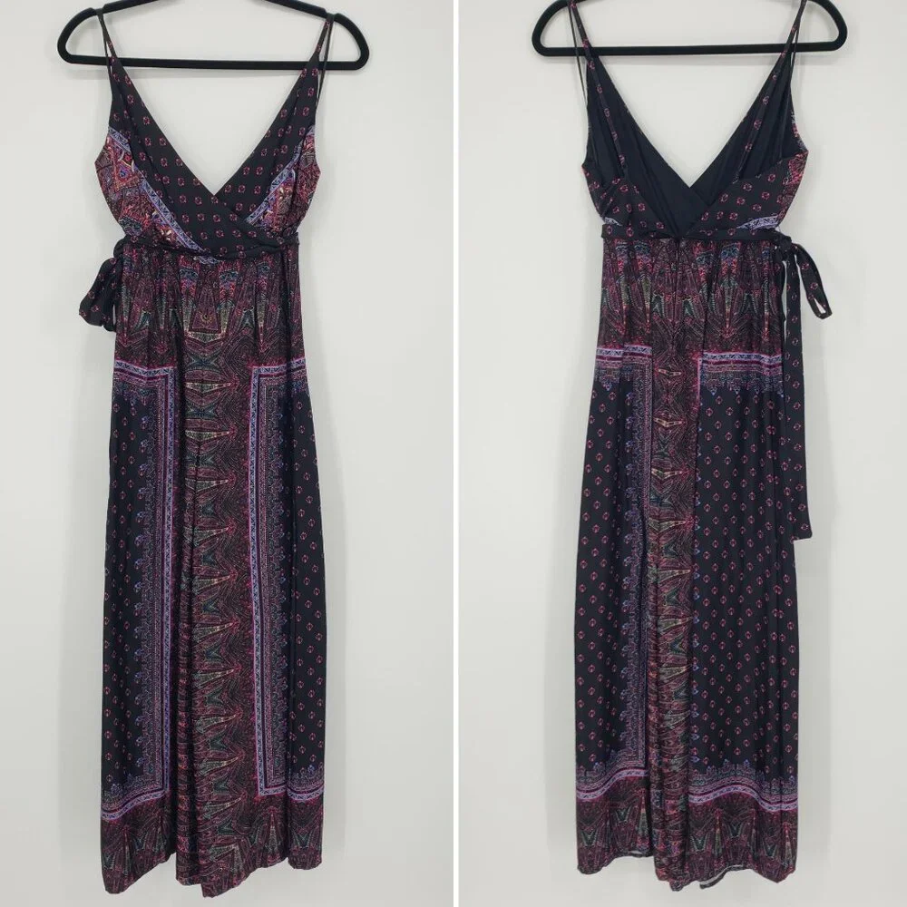 Free People Cabbage Rose‎ Silky Satin Jumpsuit 2 Wrap Top Wide Leg Boho Paisley